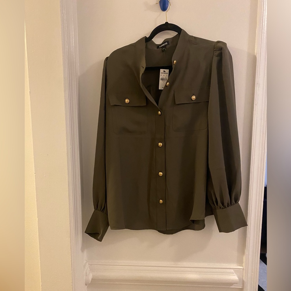 Express Olive Utility Shirt with Gold-Tone Buttons